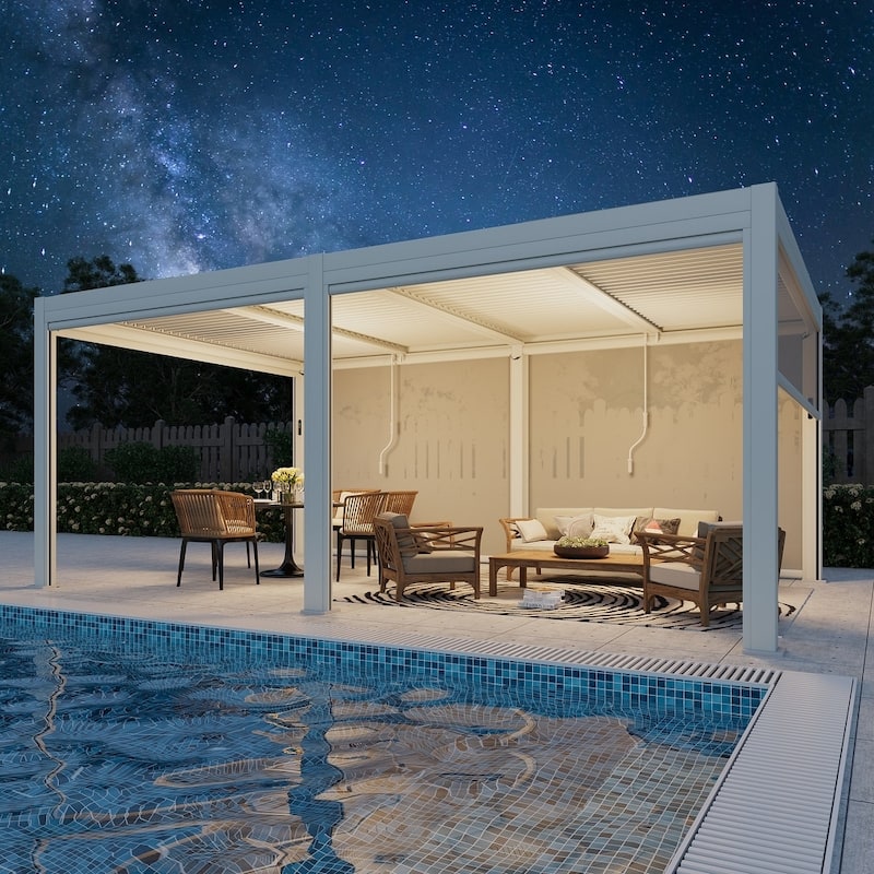 EROMMY Outdoor Louvered Pergola Gazebo with Adjustable Aluminum Rainproof Roof and Pull-Down Screen