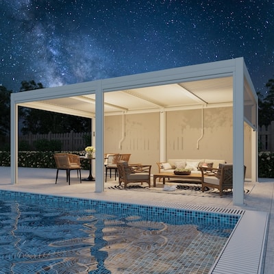 EROMMY Outdoor Louvered Pergola Gazebo with Adjustable Aluminum Rainproof Roof and Pull-Down Screen