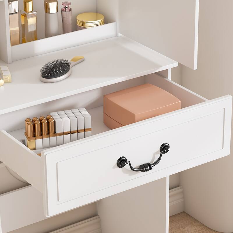 Small Makeup Vanity Desk with LED-lit Mirror and Hidden Storage