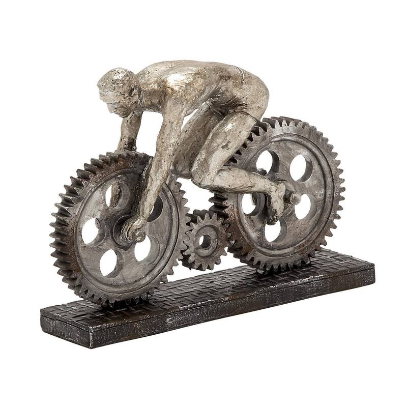 Polystone People Sculpture with Bike - Silver - Roche River Decor - Silver