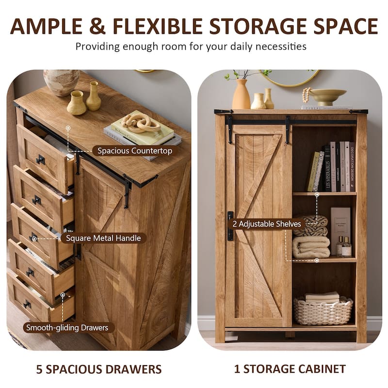 Farmhouse 5 Drawers Dresser, Vintage Chest of Drawers with Barn Door