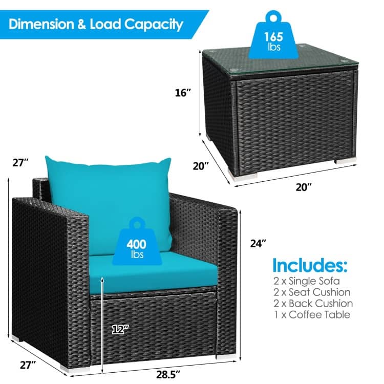 3 Pieces Patio wicker Furniture Set with Cushion - 28.5" x 27.5" x 27" (L x W x H)