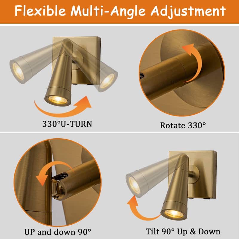 Rechargeable Cordless Wall Sconce LED Brass Spot Light with Remote and Touch Dimming Adjustable Head Accent Light for Bedroom