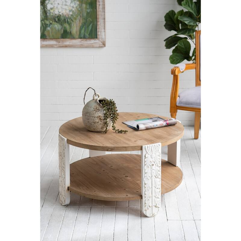 Round Wooden Coffee Table with Natural Brown Finish, Carved White Legs, and Lower Storage Shelf - Brown+White