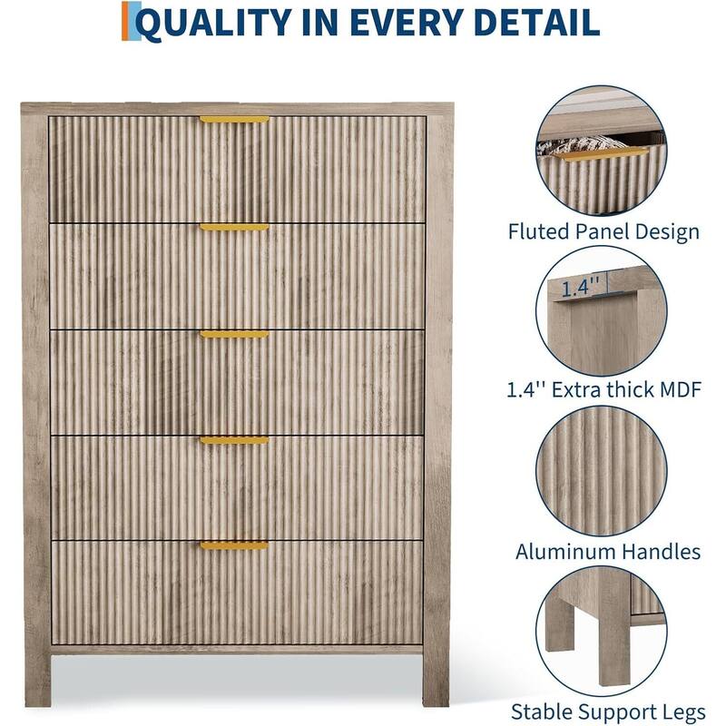 Tall Wooden 5 Drawers Dressers, Storage Cabinet for Bedroom, Living Room