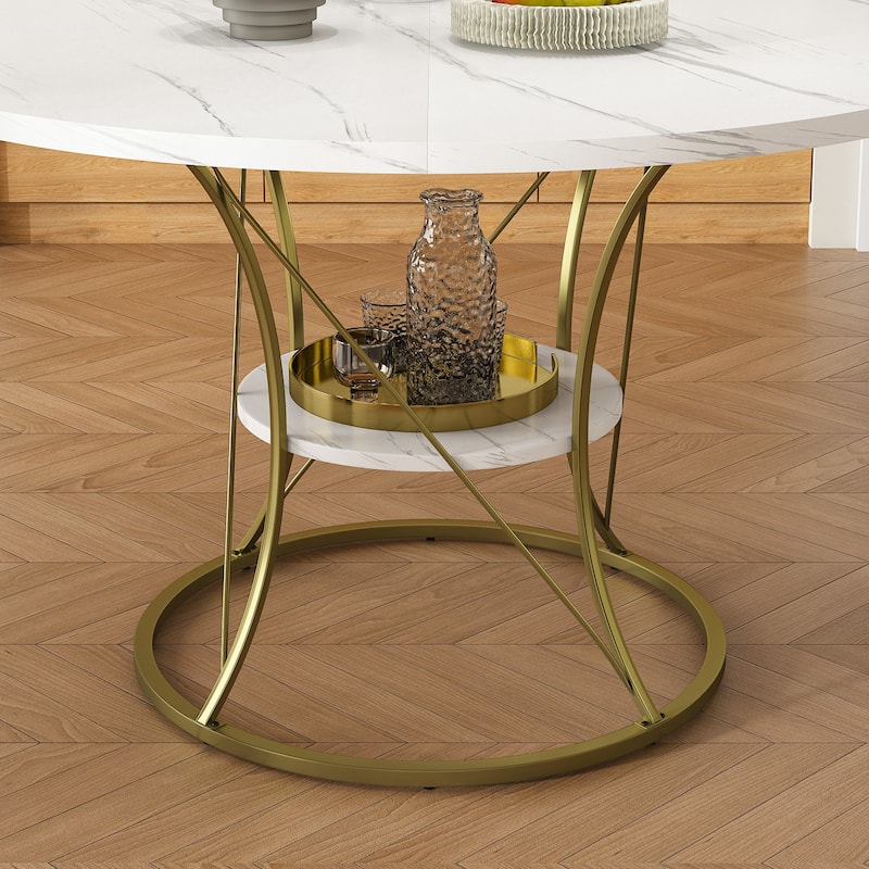 43 to 59 Inch Extendable Round Dining Table for 4-6 - Farmhouse Kitchen Table with Storage Shelf & Metal Base