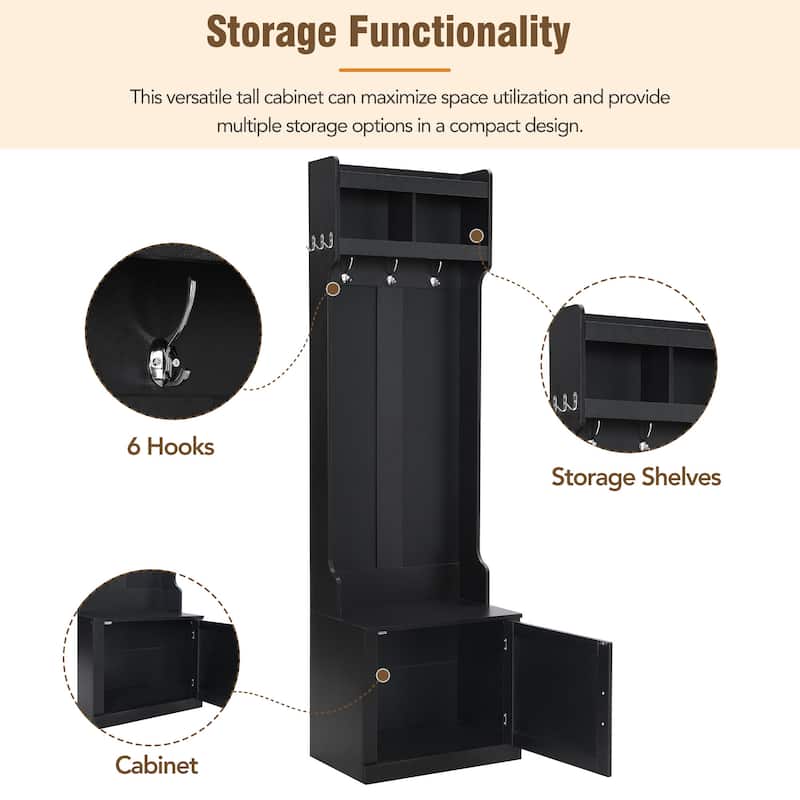 Narrow Hall Tree with Storage Shelves and 6 Hanging Hooks, Entryway Coat Rack with Integrated Bench Seat