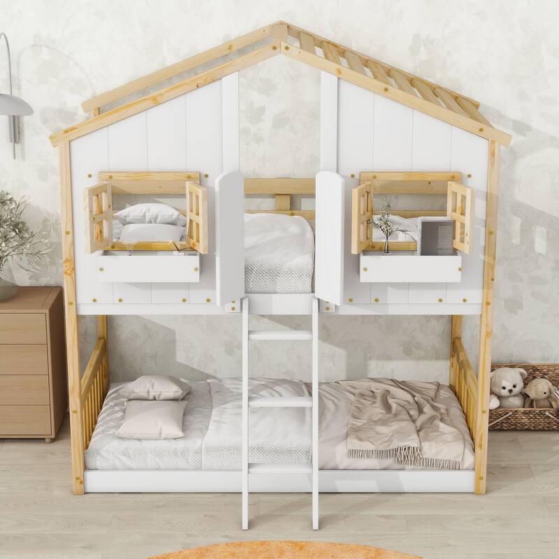 Roomfitters Twin Over Twin House Bunk Bed with Roof, Window Box, Door, Safety Guardrails and Ladder