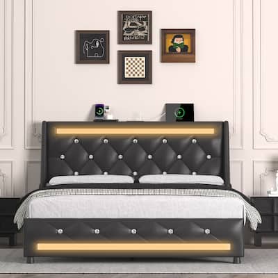 Full Bed Frame with Headboard,Upholstered Platform Bed Frame Full Size with Charging Station & LED Lights,Wooden Slats Support