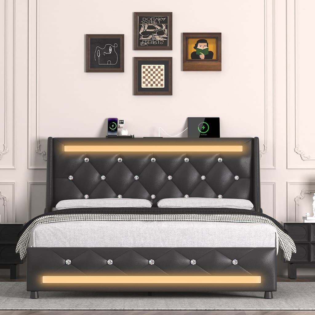 Queen Bed Frame with Headboard, Charging Station, LED Lights, and Storage
