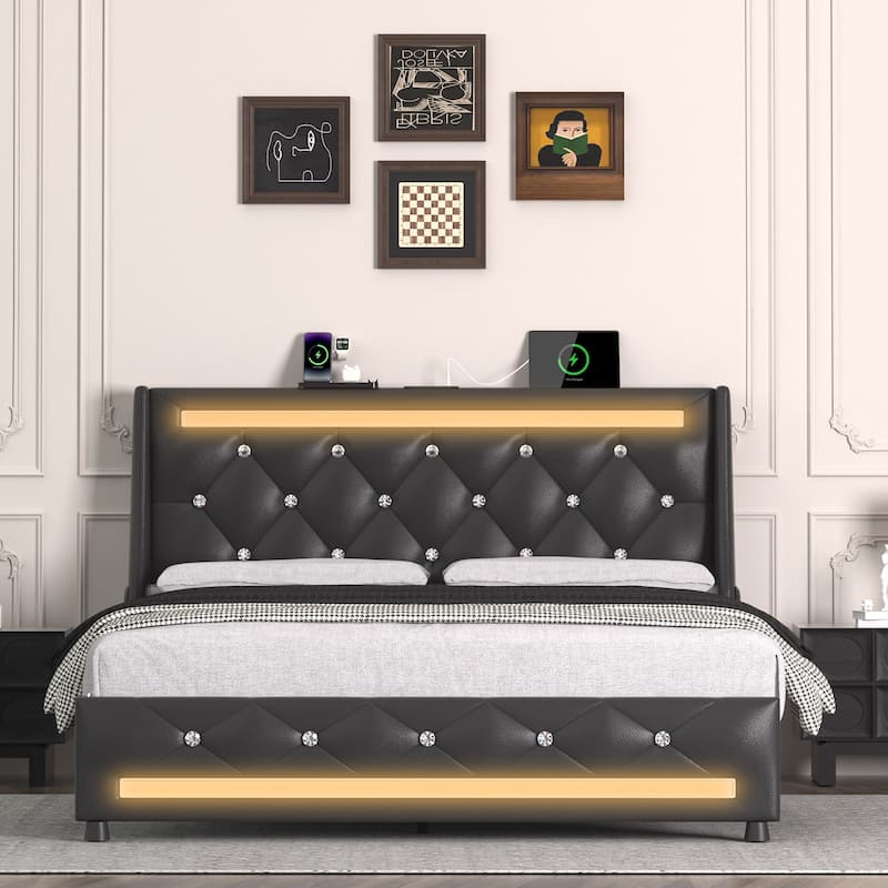 Queen Bed Frame with Headboard,Upholstered Platform Bed Frame Full Size with Charging Station & LED Lights,Wooden Slats Support - Black