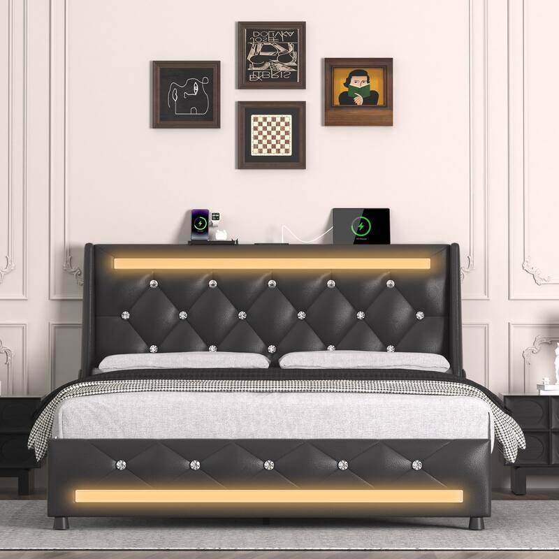 Tufted Bed Frame Upholstered Platform Bed Frame with LED Lights Headboard Footboard, Charging Station, Wooden Slats, Noise Free - Black - Queen