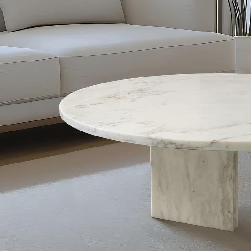 Premium Luxury Solid-Cut Natural Marble Round Coffee Table, Natural, Glossy
