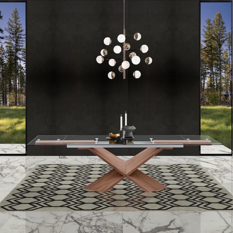 Davee Transparent Glass Top with Wood Leg Extendable Dining Table - 106/70.87*35.43*30 inches - Brown - 106/70.87*35.43*30 inches