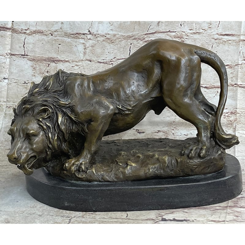 Lion Stalking Prey Hot Cast Bronze Sculpture Statue Art By Antoine Barye On Marble Base