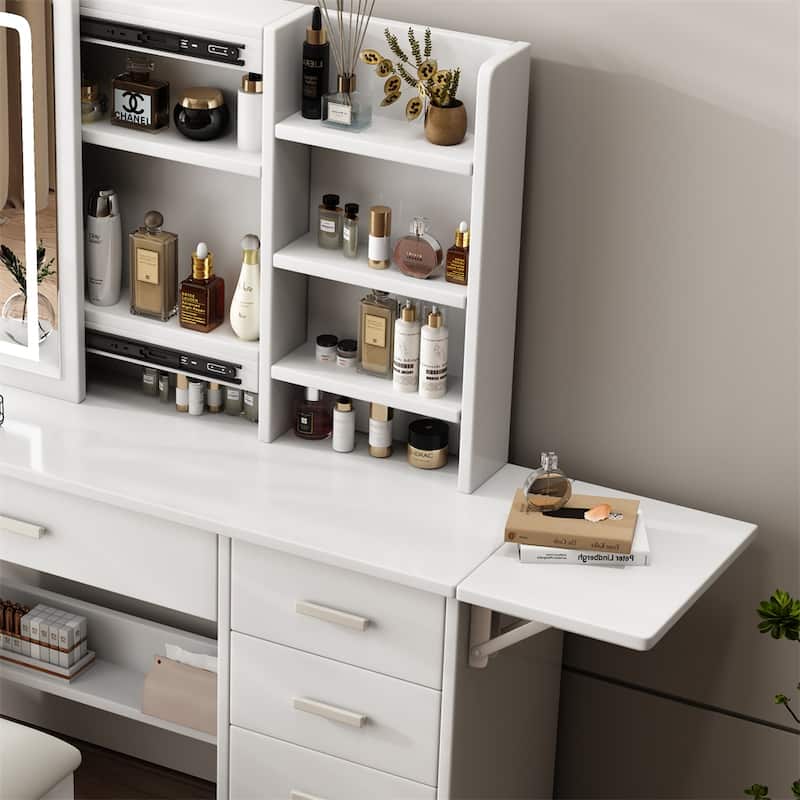 Bedroom Wood Vanity Set with Mirror,Lights,Open Shelves and Chair