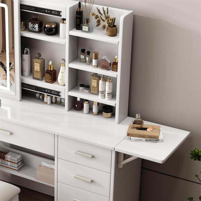 Fashion Vanity Desk with Mirror and Lights, Open Shelves and Chair