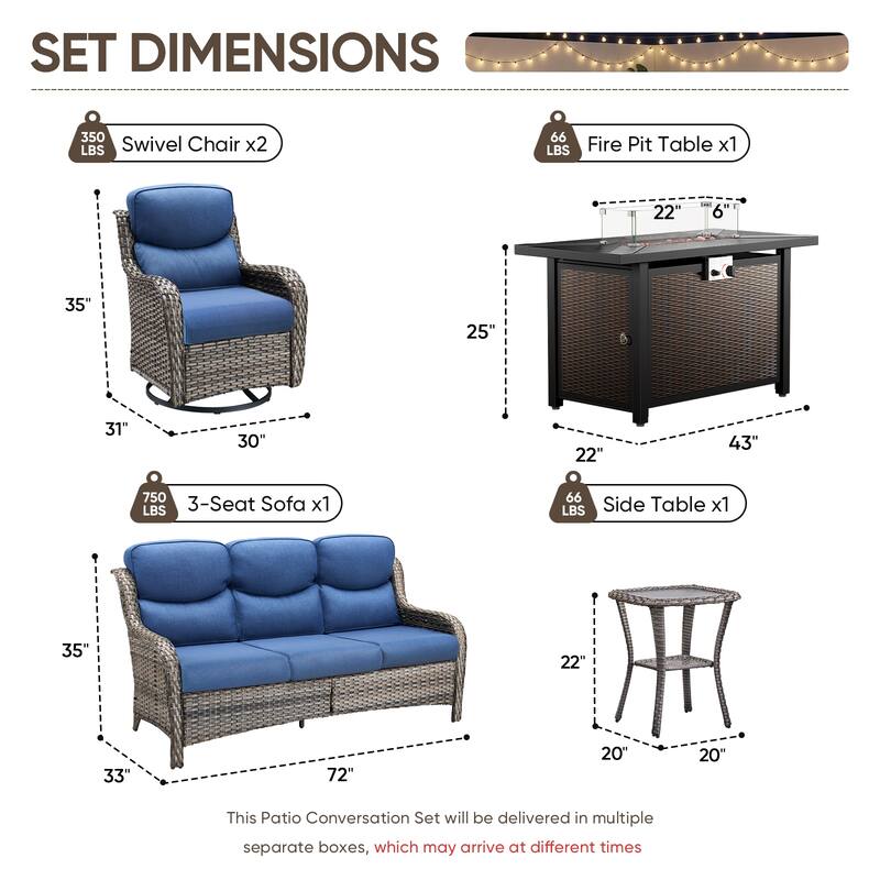 Pocassy Patio Sofa Swivel Chair Set with 43" Fire Pit Table