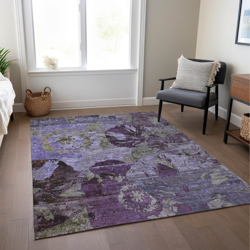 Machine Washable Indoor/ Outdoor Abstract Leaves Chantille Rug