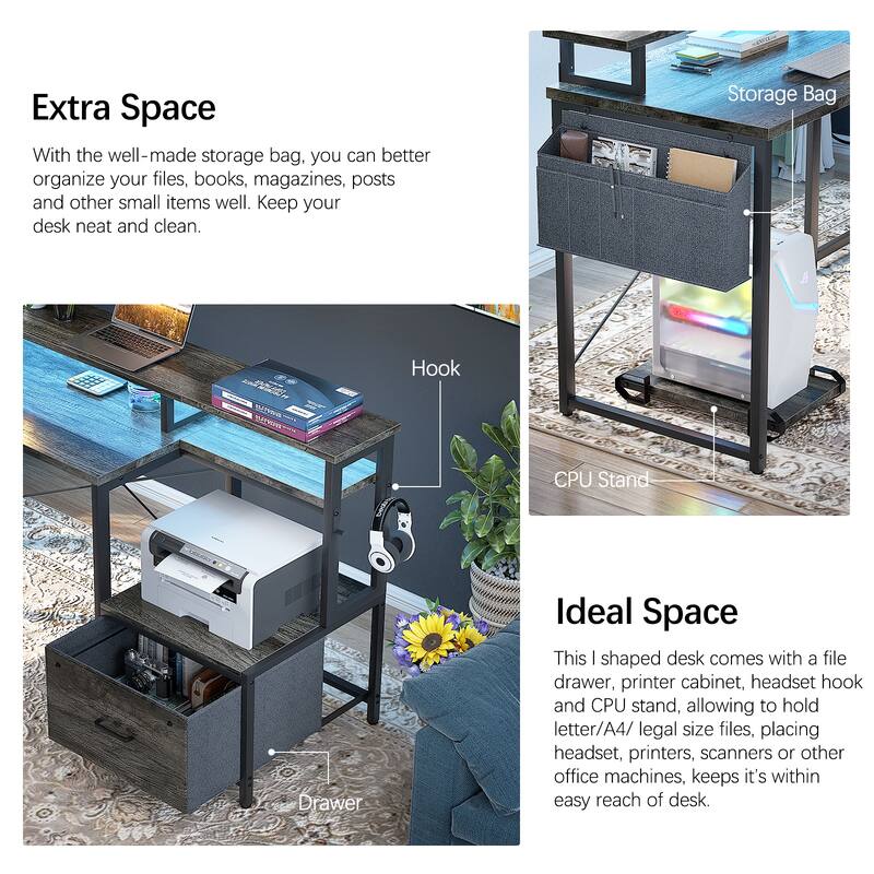 L Shaped Desk with File Drawer and Printer Stand, Reversible Corner Computer Desk with Power Outlet and LED Strip
