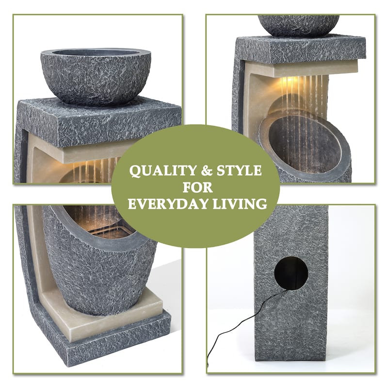 Gray Resin Column and Bowl Sculpture Outdoor Fountain with Lights