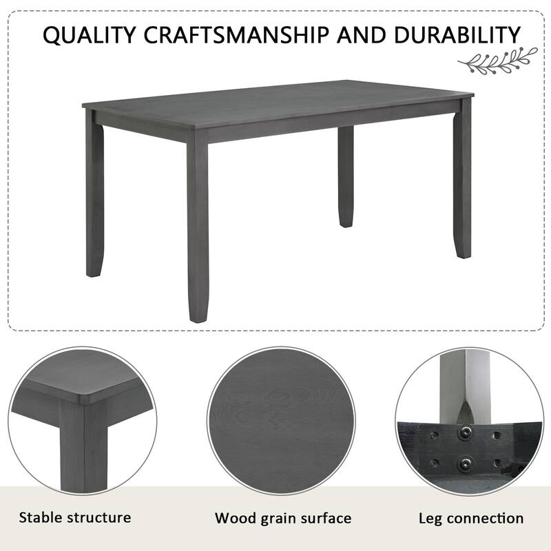 6-Piece Wood Grain Dining Table Set with Bench and Waterproof Curved Backrest Chairs, Anti-Slip Footpads