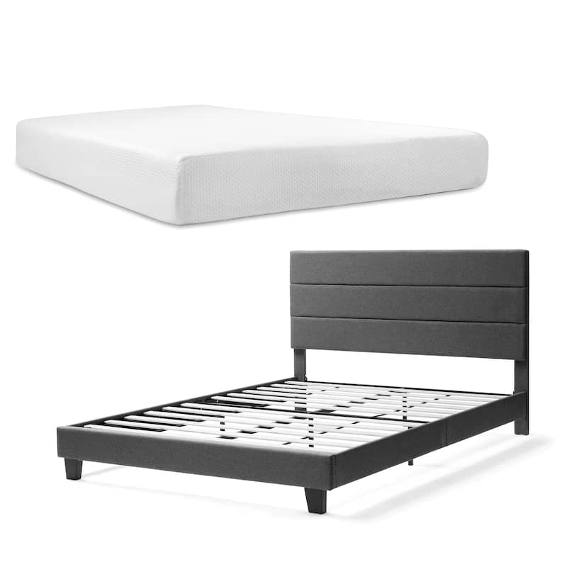 Nestl Bed Frame with 10" Green Tea Graphite Memory Foam Mattress and Horizontal Channel Upholstered Headboard - King