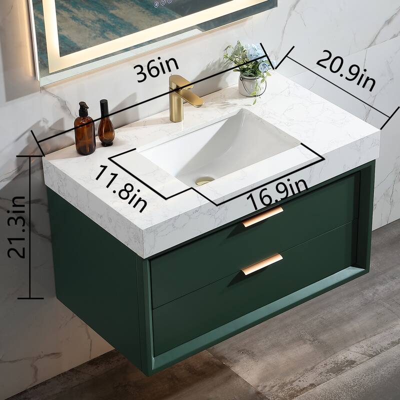 Modland 36" Wall-Mount Vanity with LED Light & 2 Soft-Close Drawers - Solid Oak, Black,White,Blue,Green - 36 inch
