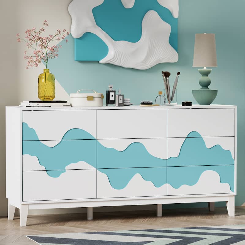 63" Wide 9 Drawer Dresser Dresser Storage Cabinet - White