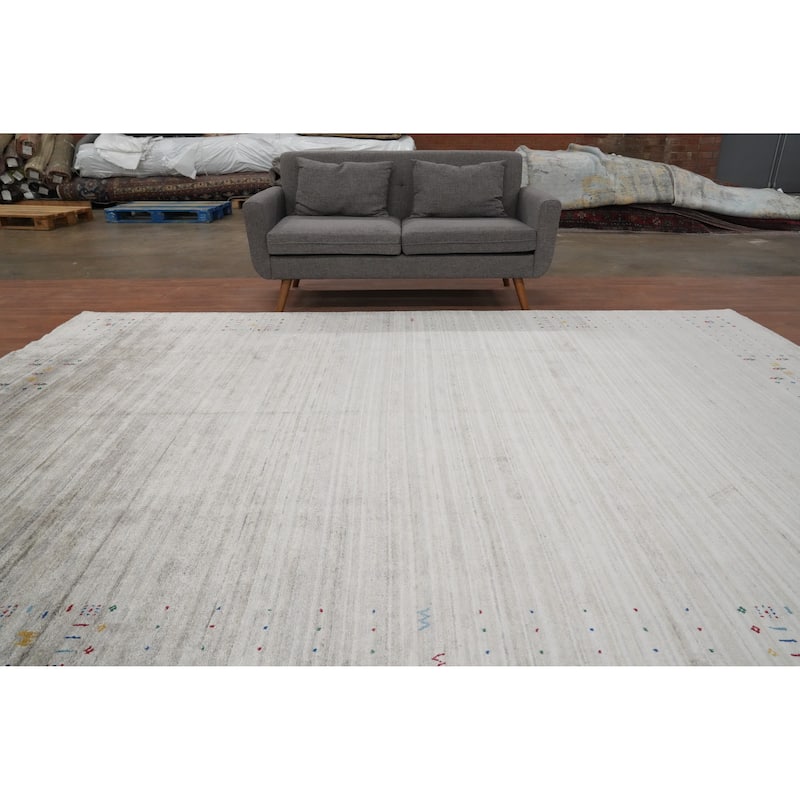 Hand Knotted Oriental Viscose Silk Carpet Tribal Animal Pictorial Greys & Charcoal Gabbeh Area Rug - 11' 10'' X 8' 11''