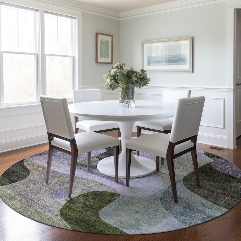 Machine Washable Indoor/ Outdoor Abstract Contemporary Chantille Rug - Olive - 8' x 8'