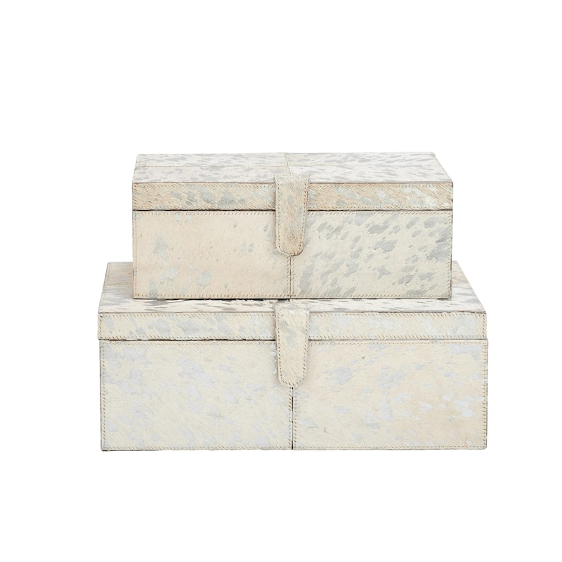 Gray, Silver or Gold Leather Handmade Cowhide Storage Box with Silver Foil Accents (Set of 2)