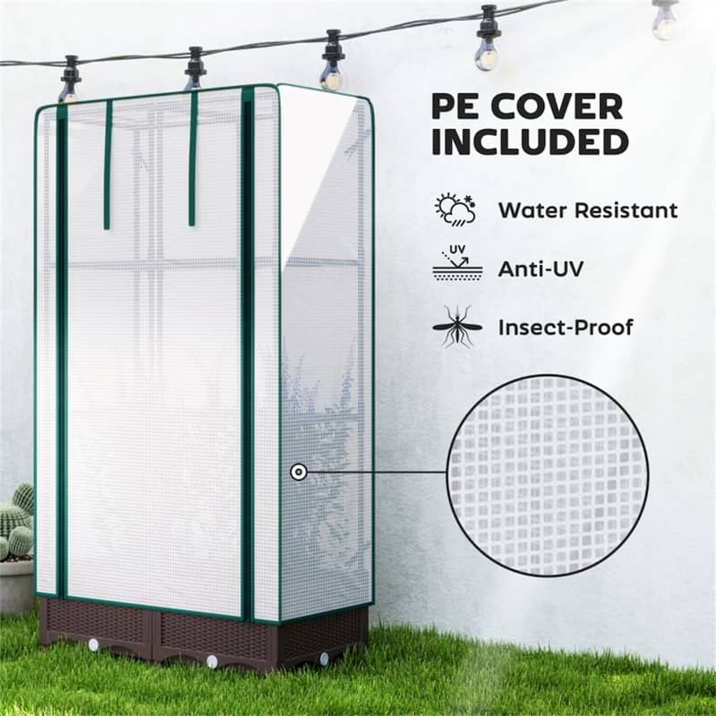 Brown and White Mini Greenhouse with PE Cover and Self-Watering System and Roll-Up Zipper