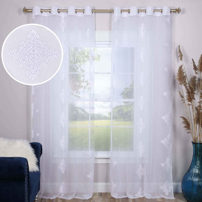 Superior Damask Grommet Sheer Window Curtain Panels (Set of 2) - 52x108 - White