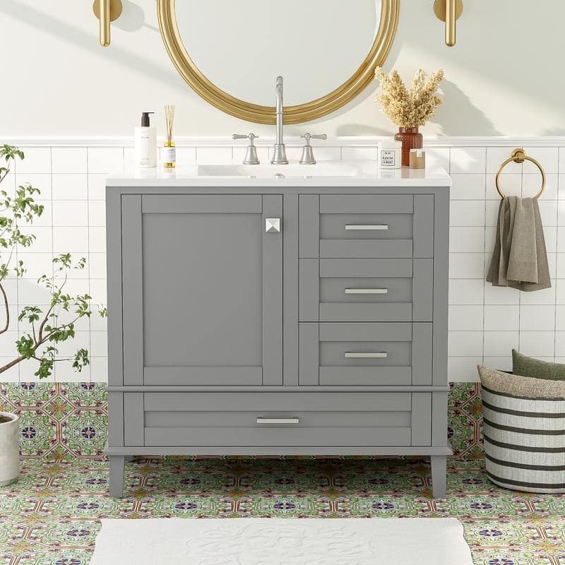 Contemporary 36-inch White Bathroom Vanity Cabinet with a Sturdy Pine Frame, 1 Soft Close Door and 3 Drawers.