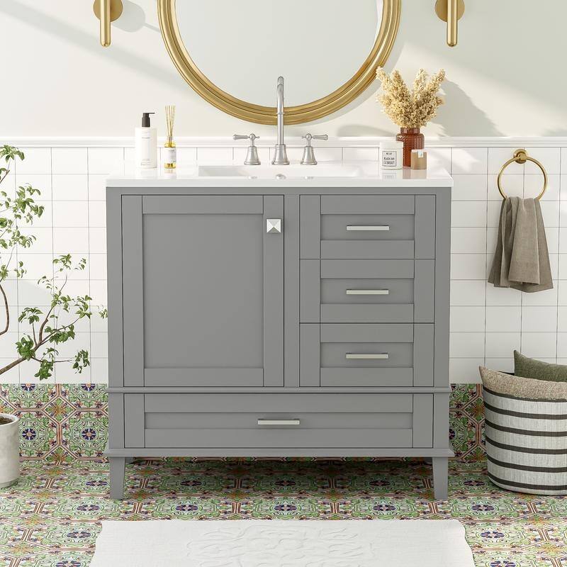 MEDUNJESS 36'' Bathroom Vanity Set with Ceramic Sink, Bathroom Storage Cabinet - Grey