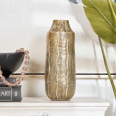 Brass Metal Snakeskin Inspired Vase with Dimensional Wavy Accents