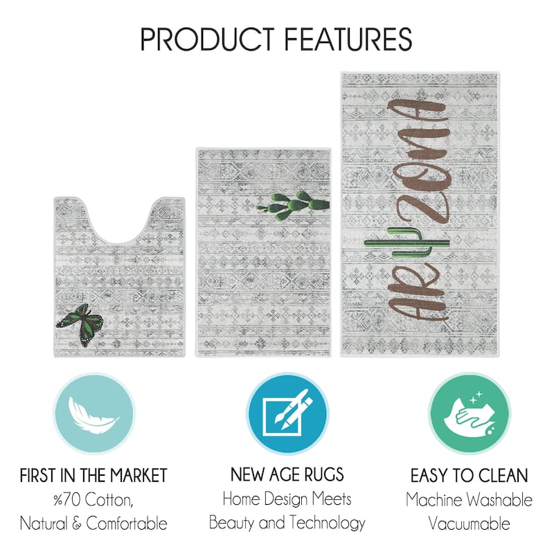 US States Design 3 Piece Bathroom Rugs Set - Non-Slip Ultra Thin Bath Rugs for Bathroom Floor - Washable Bathroom Mats Set