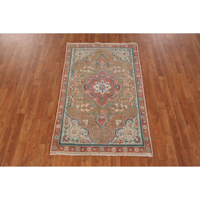Hand Knotted Oriental 100% Wool Carpet Traditional Medallion Brown Tabriz Area Rug - 4' 9'' X 3' 0''