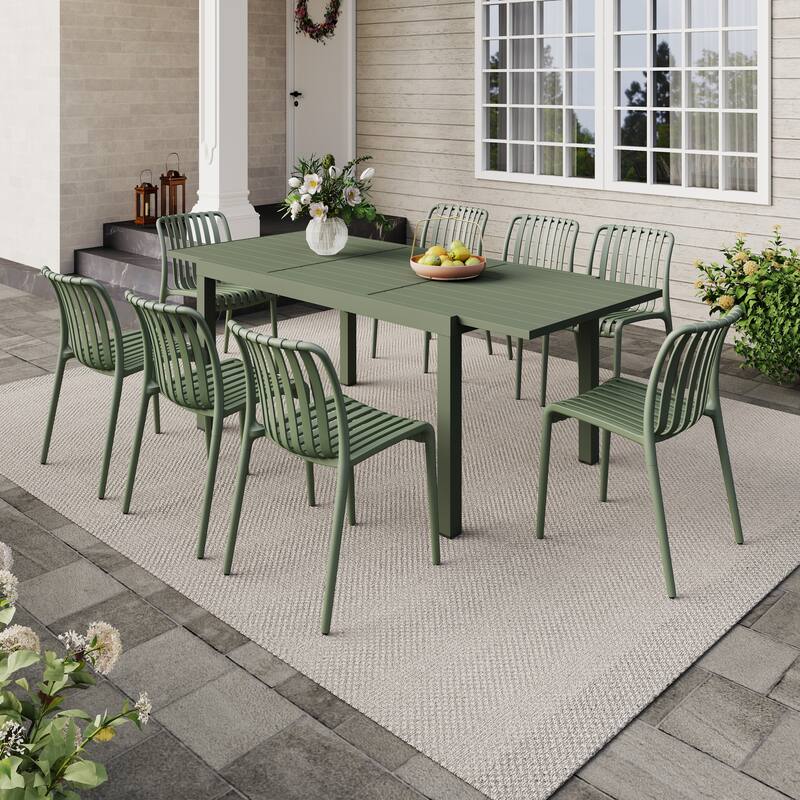 Outdoor Dining Set 9-Piece Stackable Plastic Lightweight Dining Chair and Extendable Dining Table