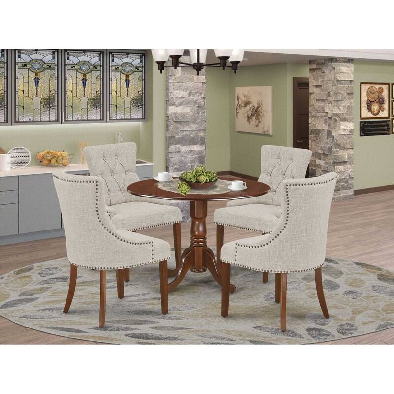 HomeStock 5-Piece Round Mahogany Finish Solid Wood Top Dining Table with 4-Parson Chair with Drop Leaf Lattice Back