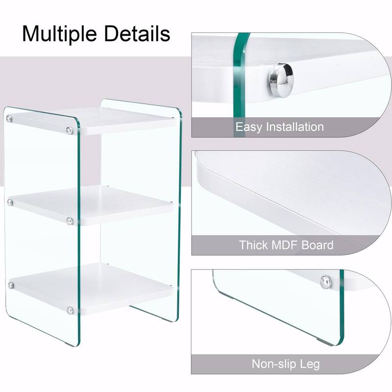 3-Tier Glass Bedside Table, Modern Nightstand with Storage