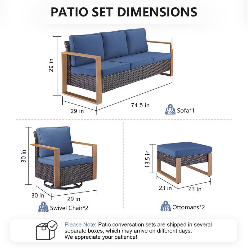 Pocassy 5 Pieces Outoor Patio Sofa Swivel Chair Ottoman Set