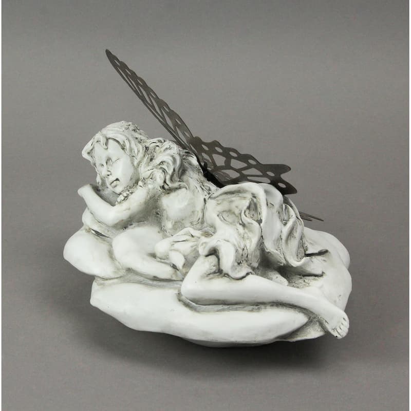 White Sleeping Fairy Indoor / Outdoor Statue With Rustic Metal Wings - 6.25 X 9 X 6.75 inches