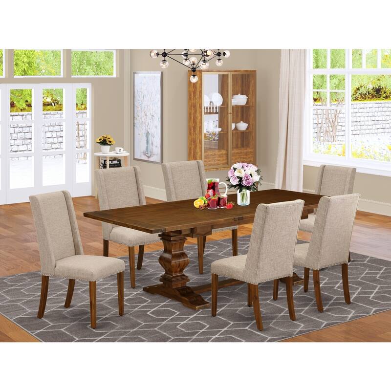 7-Piece Dining Set - Antique Walnut Table & Linen Fabric Chairs - 92