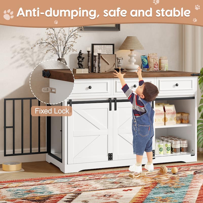 55.1" Dog Crate Furniture, Indoor Dog Kennel with 3 Storage Drawers, Farmhouse Dog Crate