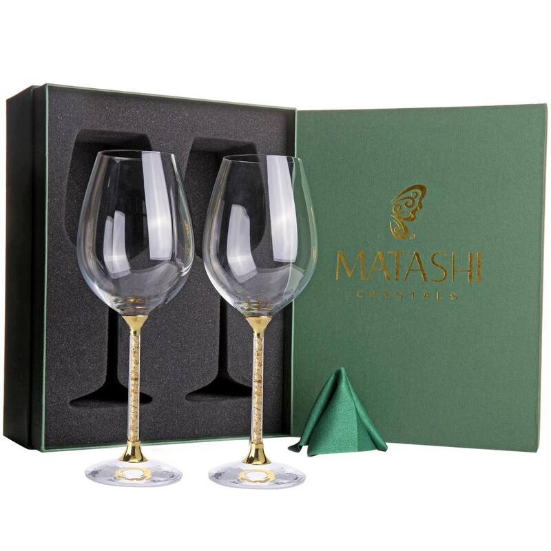 Matashi Crystal Wine Glasses Set of 2, 18.5 oz - Lead-Free Gold Foil Filled Glassware - Wedding & Celebration Drinkware