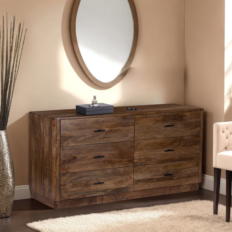 Tao 6 Drawers Dresser, Mango Wood, Walnut Finish, 60"