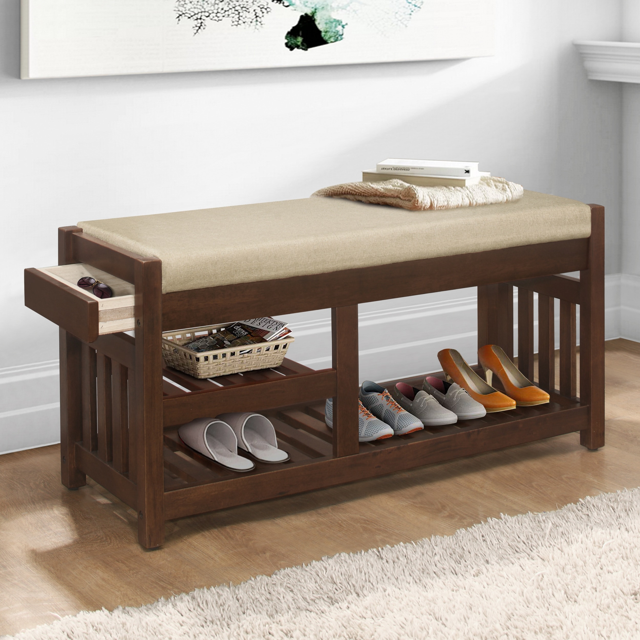 Walnut Entryway Wood Storage Shoe Bench with Open Shelves and
