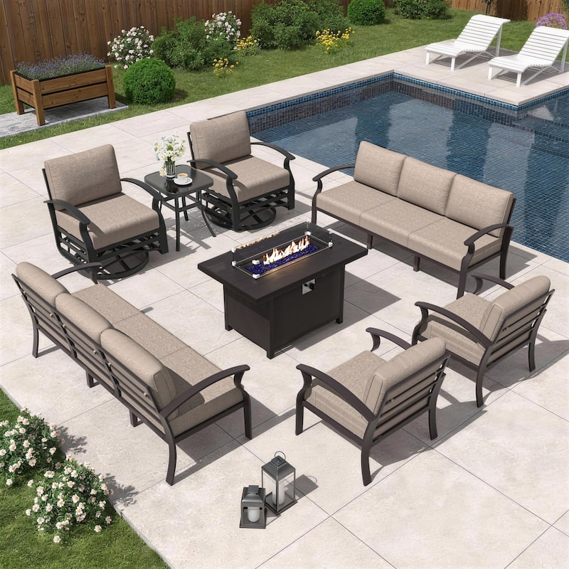 Kullavik Aluminum Outdoor Patio Furniture with Curved Armrests & Firepit Table - 10 seats w/FirePit - Khaki